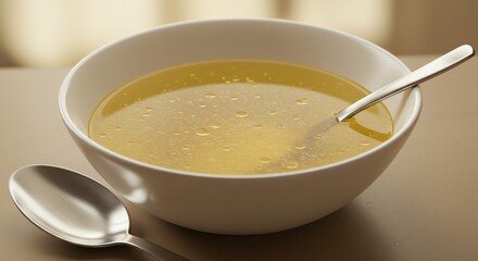 Chicken Broth in White Bowl with Spoon