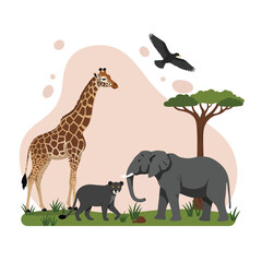 African wildlife scene with giraffe elephant hyena and eagle near tree in natural habitat vector illustration 