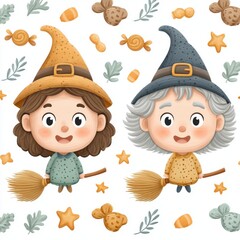 Smiling Witches on Broomsticks with Candy and Stars Illustration
