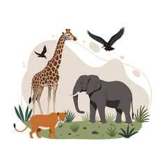 African wildlife scene with giraffe elephant lion and flying birds in natural habitat vector illustration 