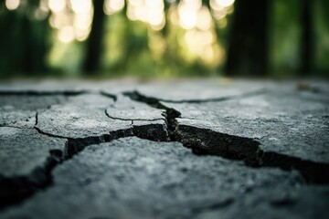 Fototapeta premium Cracked earth surface close-up, blurred forest background. Nature's fragility.