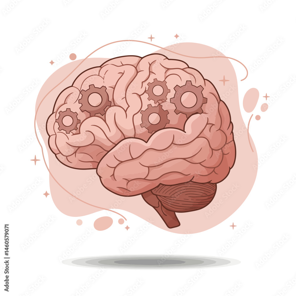 Poster human brain with mechanical gears illustration symbolizing cognitive processes and mental function i