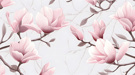 Elegant Seamless Pattern with Pink Magnolia Flowers and Silhouettes for Floral Designs