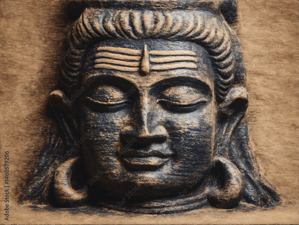 Poster a black and white pencil drawing of shiva with a linga and yoni symbol subtly placed in the backgrou