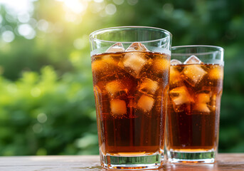 Fresh iced lemon mint tea drink in green garden illuminated by sunlight