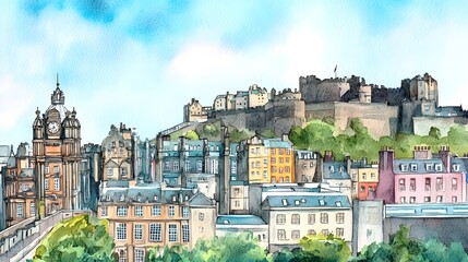 Naklejka premium Colorful watercolor cityscape depiction of a historical European city.