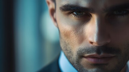 Obraz premium Businessperson's Face in an Office: Close-up of a businessperson’s face, confident and focused, set against an office backdrop. 