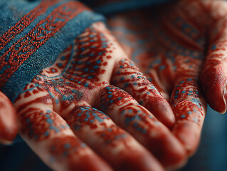 a close-up photograph of an indian woman's hands adorned with intricate henna patterns, showcasing the beauty of mehndi art. the art of mehndi.