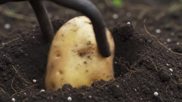Harvesting fresh potatoes from rich soil in a lush garden during the early morning light