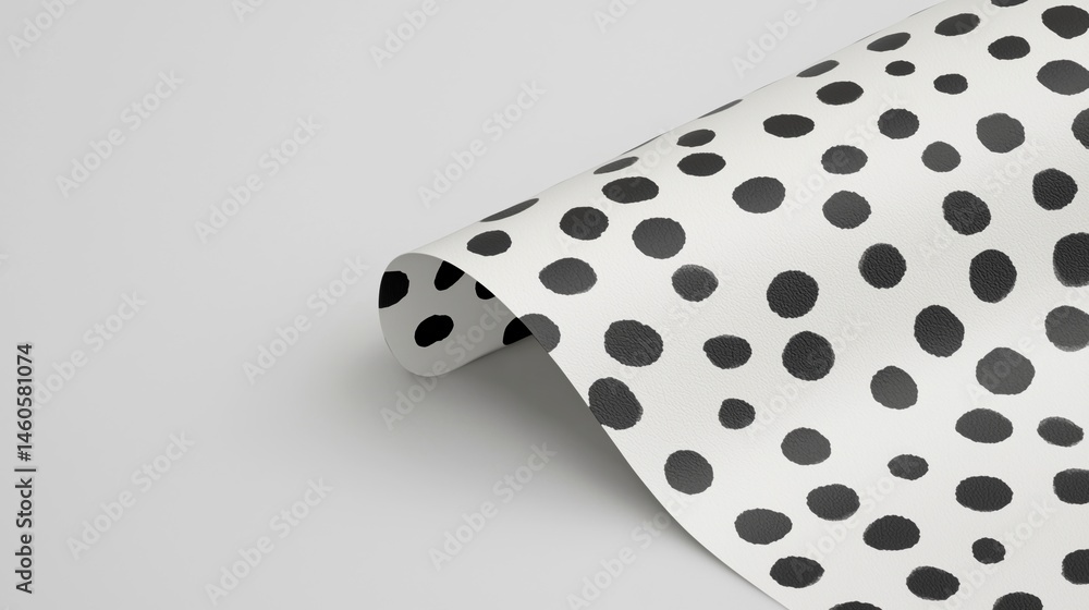 Poster a sheet of white material with a black polka dot pattern is partially curled on a plain background.