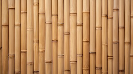 Fototapeta premium Close-up view of a bamboo wall with natural vertical stalks in a warm, earthy tone.