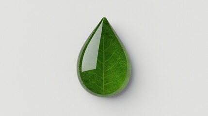 A green leaf shaped like a water droplet symbolizes nature, purity, and environmental sustainability.