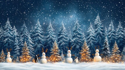 Magical Winter Night: Snowmen, Penguins, and a Sparkling Forest