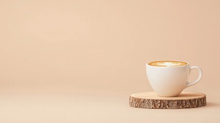A cup of coffee with latte art sits on a wooden coaster against a minimalist beige background.
