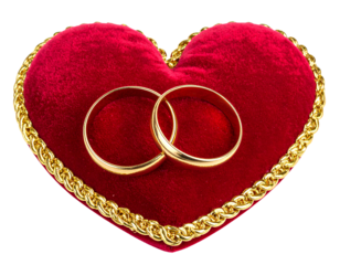 Two gold wedding rings on a velvet, heart-shaped cushion, PNG clipart with a transparent background,