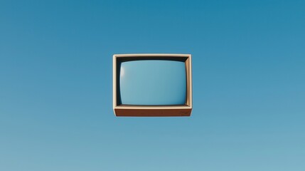 A vintage television floats against a clear blue sky, creating a surreal and minimalist visual.
