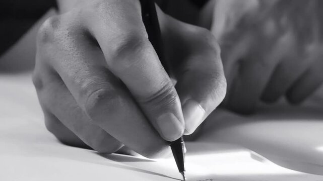Hand Holding Pen Writing on paper with low light