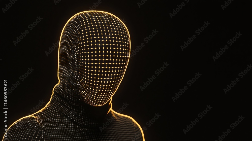 Poster a faceless figure in a grid-patterned suit stands against a dark background, illuminated with glowin