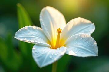 Glistening dewdrop on pristine white petal, sunlit , close-up, white