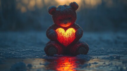 Snowy scene with a teddy bear holding a glowing heart