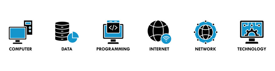Information Technology banner web icon vector illustration concept with icon of computer, data, programming, internet, network, technology