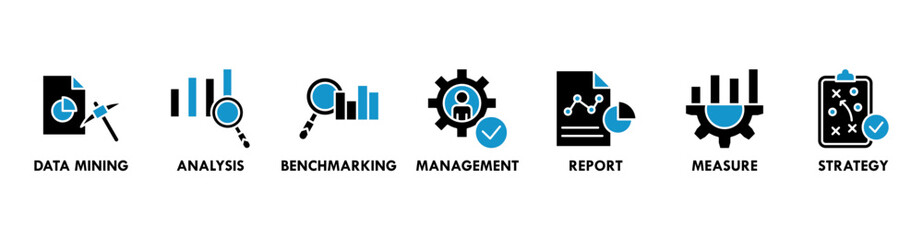 Business Intelligence banner web icon vector illustration concept with icon of data mining, analysis, strategy, measurement, benchmarking, report and management