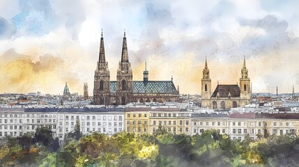 Obraz premium Watercolor cityscape view of a city's religious buildings.