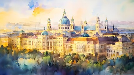 Fototapeta premium A painted cityscape view of a European city's historical structures.