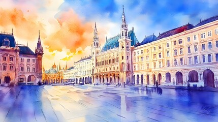 Fototapeta premium Colorful cityscape watercolor painting of a public square.