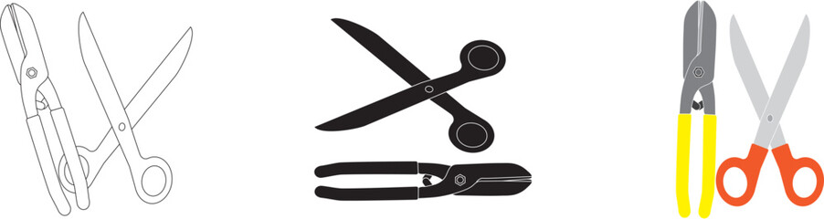 Set of scissors with handles of different colors. Tool for cutting paper, cardboard. Stationery with sharp blades. Isolated color icons. Vector realistic illustration