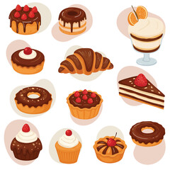Assorted chocolate and cream desserts with cupcakes croissant and layered cake illustration vector collection 