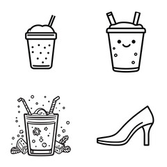 Line Art Drinks and Shoe Icons Set, Smoothie and High Heel Isolated on White Design