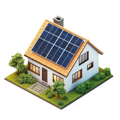  isometric view small house model with solar panels isolated on white background Real daytime first person perspective [Transparent Background PNG] 