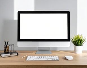 Modern Empty Computer Workspace With Wooden Table