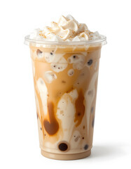 Iced Latte with Swirling Milk in Clear Plastic Cup – Isolated on White