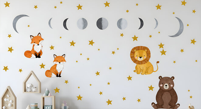 Fototapeta Decorative wall sticker sheet with stars, moons, and animals, displayed on white