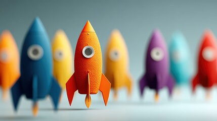 Colorful 3D concept showing leader rocket flying ahead of paper rocket followers.