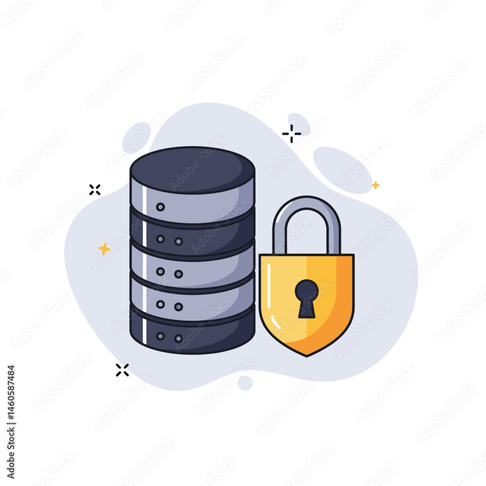 Poster data storage server with yellow security lock icon for digital protection and cybersecurity concept 