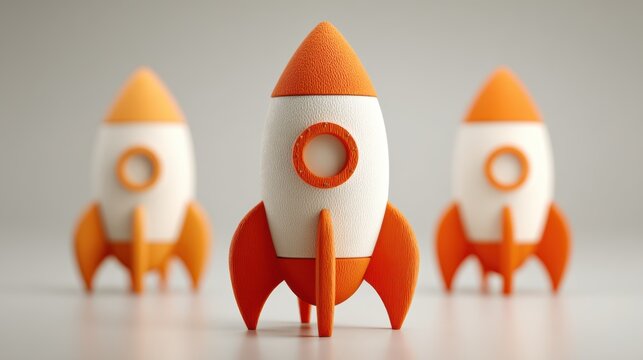 Creative 3D design of paper rocket leadership, lead rocket outshining others.