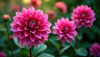 Fototapeta premium Intricate dahlia blooms, vibrant petals, lush foliage, wallpaper, flower pattern