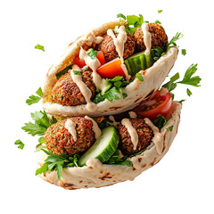 Flying Pita Bread with Falafel Cucumber Salad Isolated on Transparent Background
