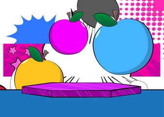 Comic Book Product podium stage for mockup presentation with apple. Retro comics background.