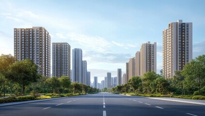 Urban avenue with high-rise buildings, clear sky, and greenery