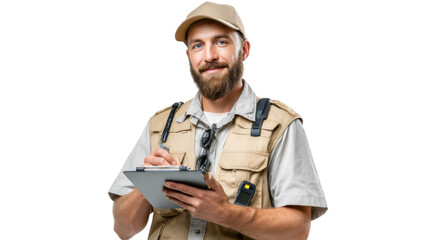 A smiling worker in a cap and a handsome man with a backpack, along with a young guy holding a clipboard, are looking