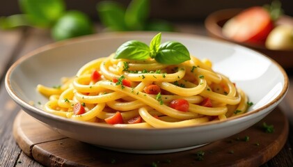 Close-up of rustic Italian pasta dish, white background, culinary, cuisine