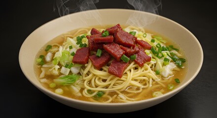 Steaming Bowl of Delicious Noodles with Savory Meat and Vegetables A Culinary Delight