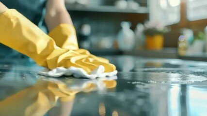 A hand wearing yellow gloves is wiping down a counter