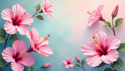 Fototapeta premium Delicate hibiscus flowers, soft pastel hues, seamless design , feminine, watercolor