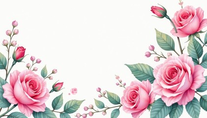 Delicate watercolor roses & leaves, pastel hues, vintage, watercolor