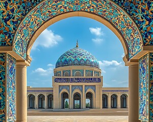 Majestic Mosque through Ornate Archway: A Glimpse of Architectural Grandeur